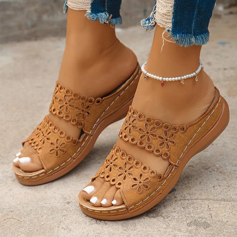 Hollow Out Flower Wedge Sandals Women Summer 2025 Soft Bottom Slip On Platform Slides Woman Plus Size 43 Heels Rome Shoes Woman