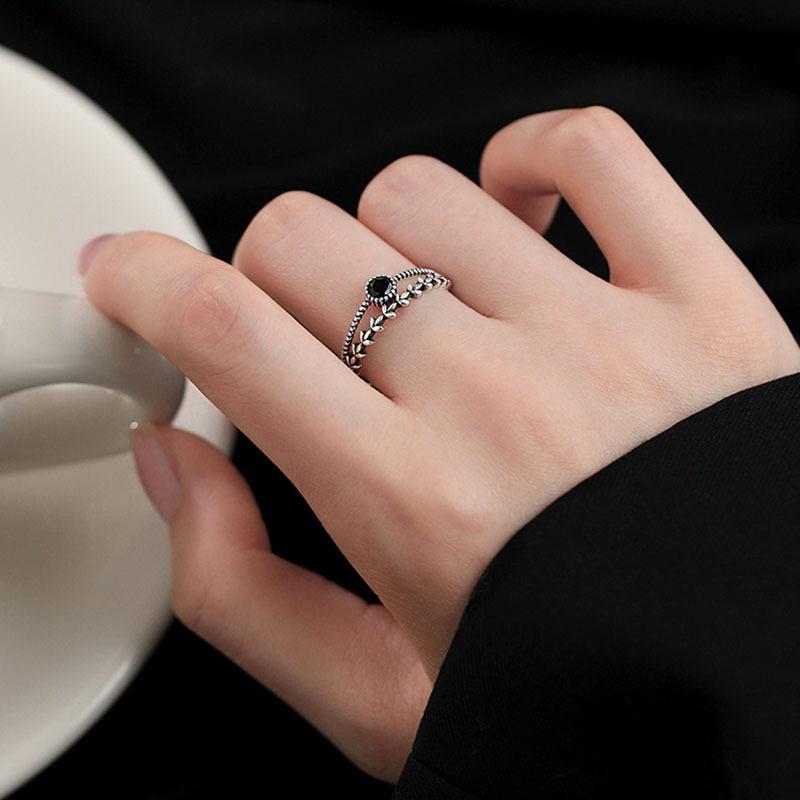 Rising Sun Black Zirconia Double Layer Women s Ring - Retro Wheat Ear Design Open Band Adjustable Open