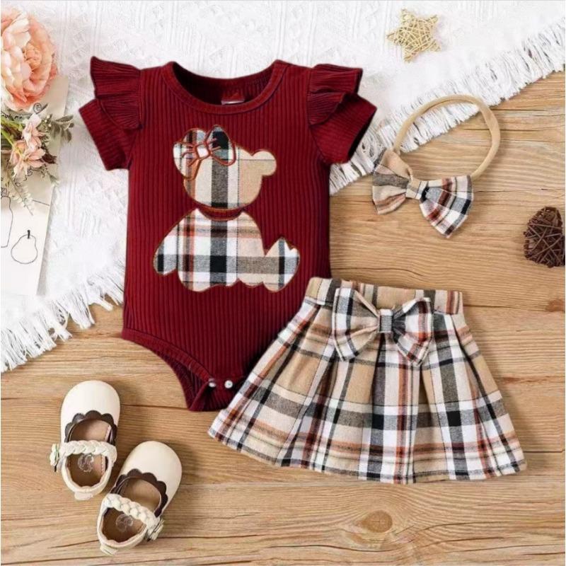 Bambina Neonato Stile Estivo Borsa con Toppa a Orso Ricamata Culatta Triangolare Gilet a Quadretti Farfalla