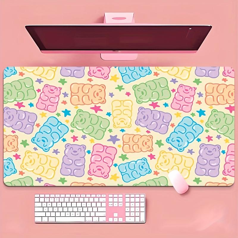 pc Anime Cute Bear Pattern Desk Mat Large Gaming Mouse Pad Nonslip Rubber Base Stitched Edge Keyboard Pads PC for Office Decor