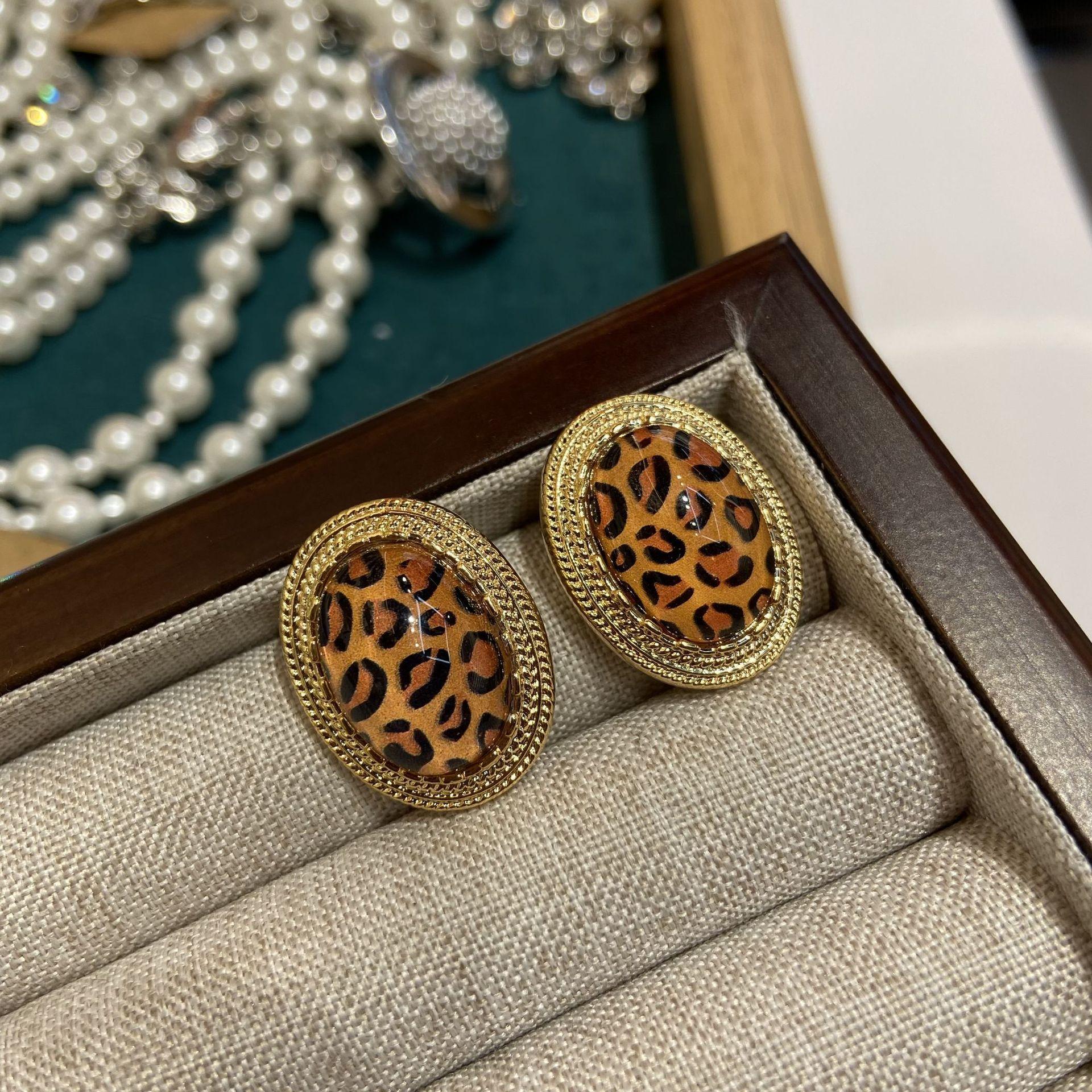 

Trendy Retro Oval Resin Leopard Print Stud Earrings Fashion Simple Geometric Metal Earrings Women S Jewelry