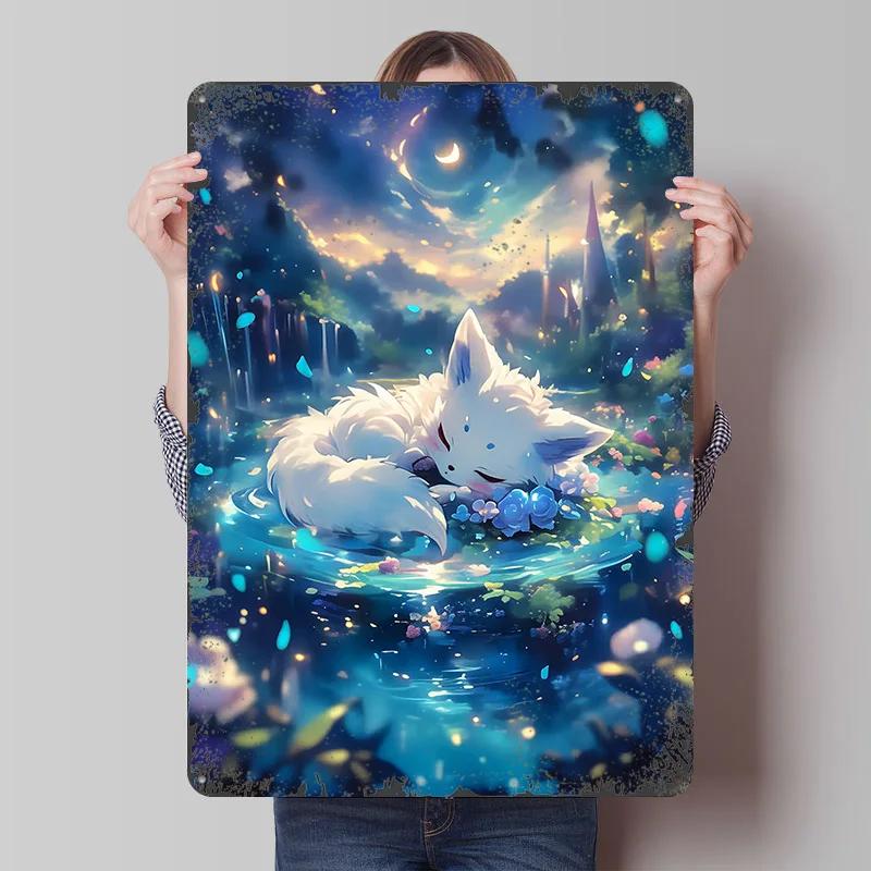 Sleeping Fox in Fantasy Forest Printed Poster Customized Wall Art Retro Vintage Metal Tin Signs for Apartment Decoration Room