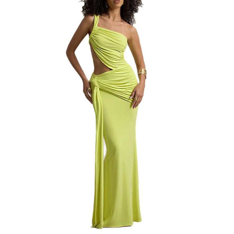 2025 European and American Cross-Border Summer Sexy One-Shoulder Backless Tube Top Dress Fashion Solid Lace-up Pleated Long Dress Women