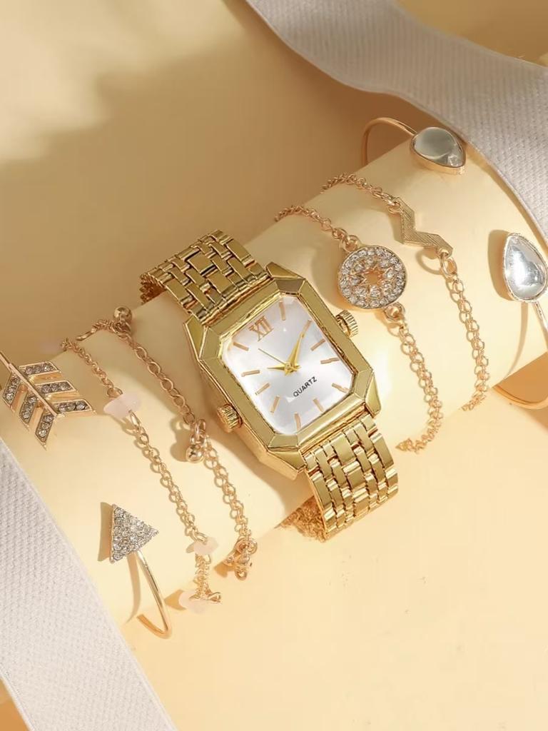 Fashionable simple versatile steel band square dial women's quartz watch bracelet set of 7, suitable for Christmas and Thanksgiv