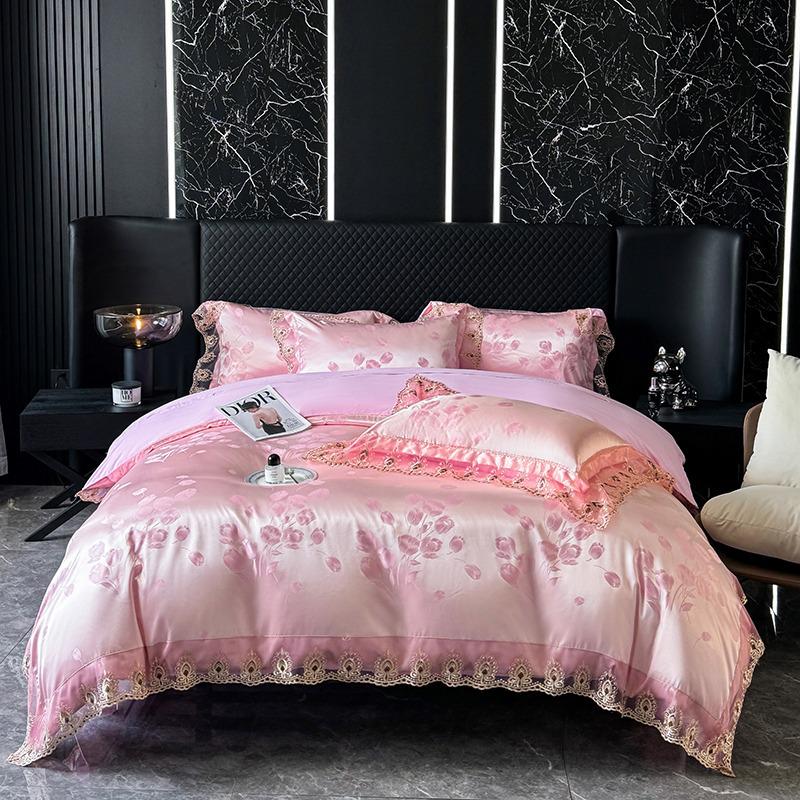 Luxury European Lace Trim Jacquard Silk Bedding Set