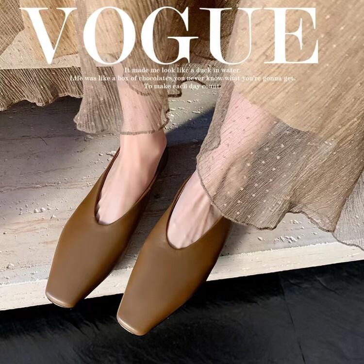 2025 spring and autumn new classic square head soft leather shallow mouth flat sole shoes casual and comfortable witch shoes