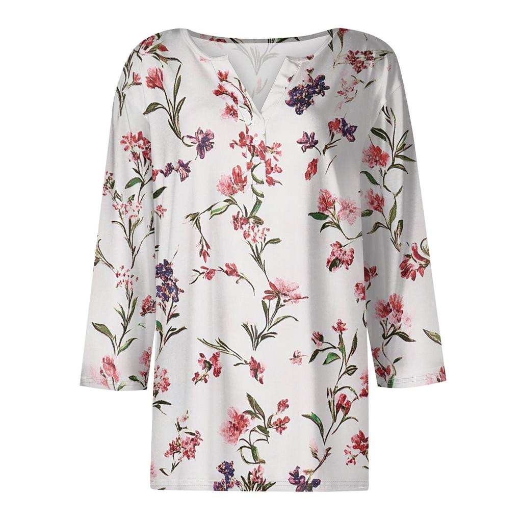 Camiseta informal de manga corta con cuello en V y botones decorativos para mujer, con estampado de moda, de tres cuartos