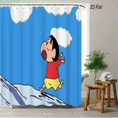 Crayon Shin-Chan Running & Cheering On Mountain Top 2D Print Waterproof Shower Curtain, Minimalist Blue Sky Bathroom Decor With