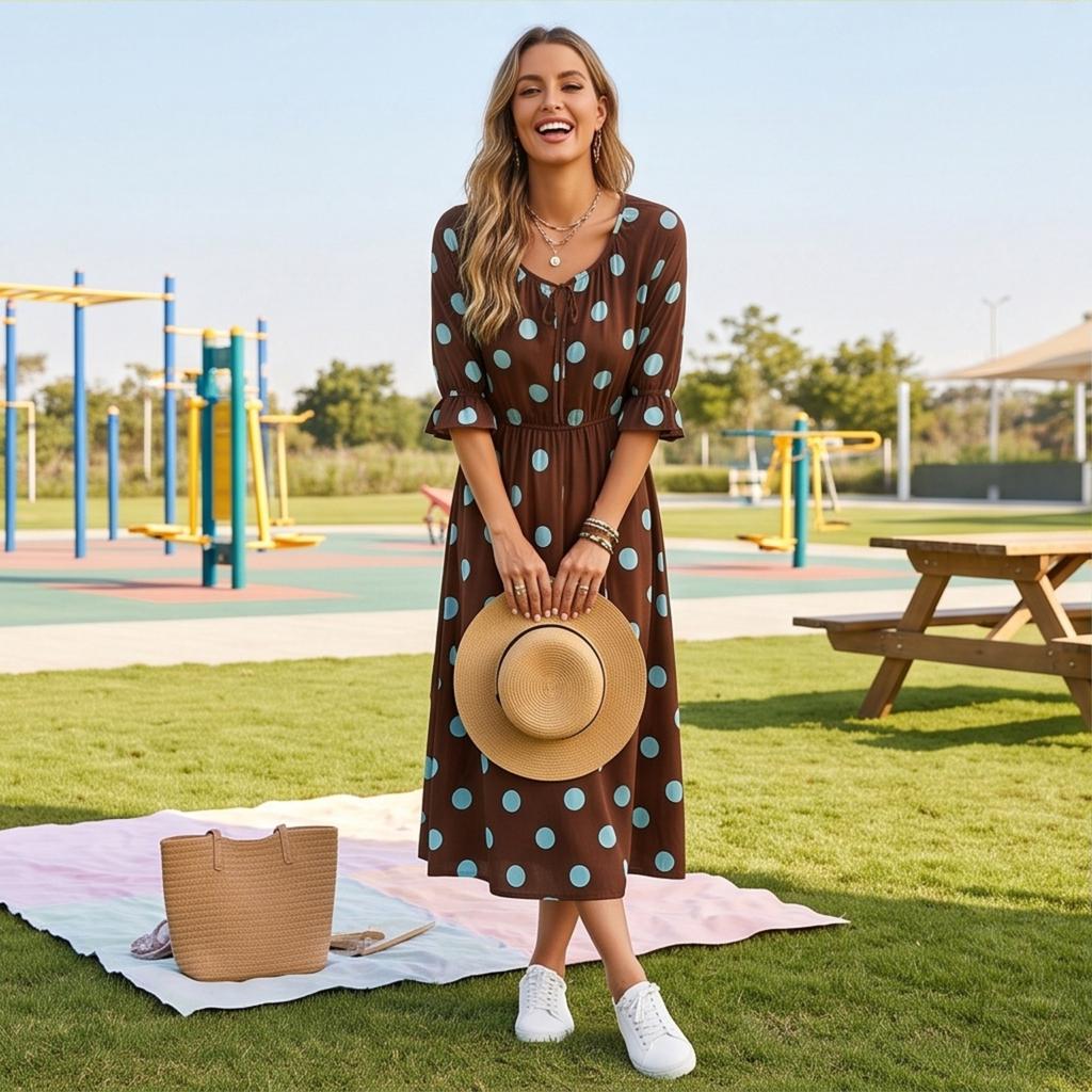 Damen Polka Dot Print Schmeichelhaftes Taillenbetonendes Midi-Kleid für Urlaub und Resort