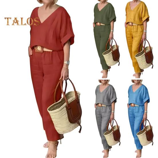 2-teiliges Set mit Bluse und Hose, V-Ausschnitt, langen Ärmeln, Oberteil, weites Bein, lockere Hose mit elastischer Taille, OL, lässiges Homewear-Outfit