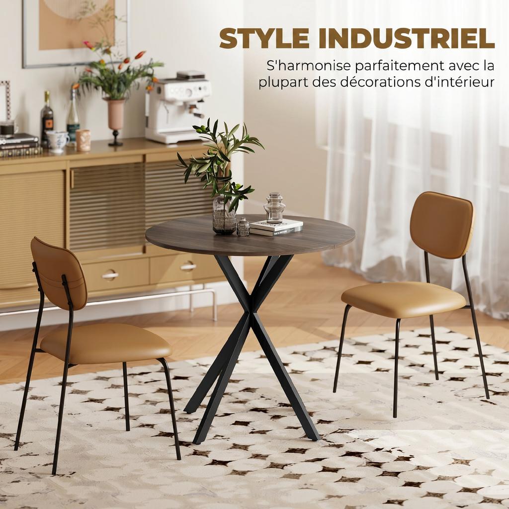 Round Dining Table for 2, Wood-Effect Top, Crossed Steel Legs, Brown