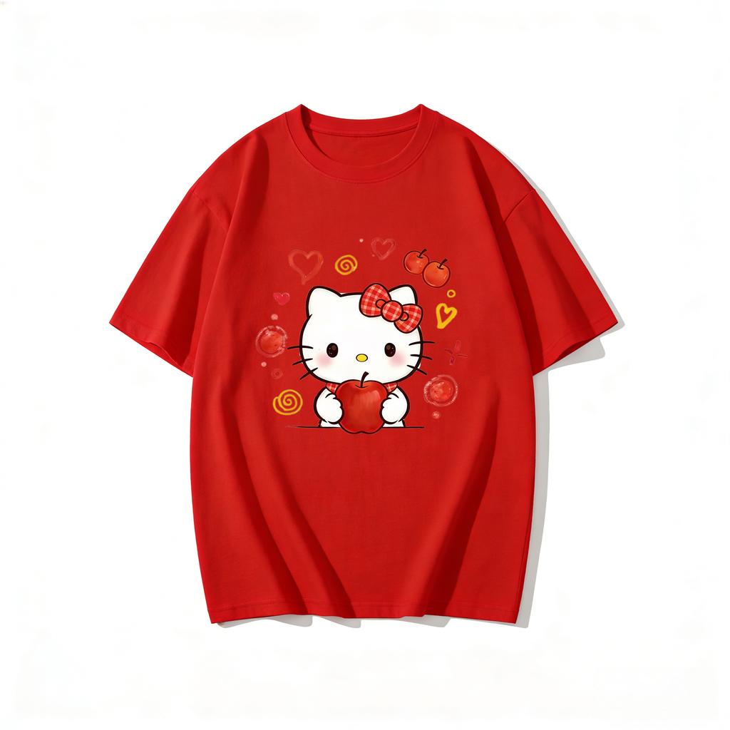 2026 Summer Hello Kitty Cartoon Printed Short Sleeve Pure Cotton Tshirt Womens Family Matching Outfits Classic Fashion Tee Top