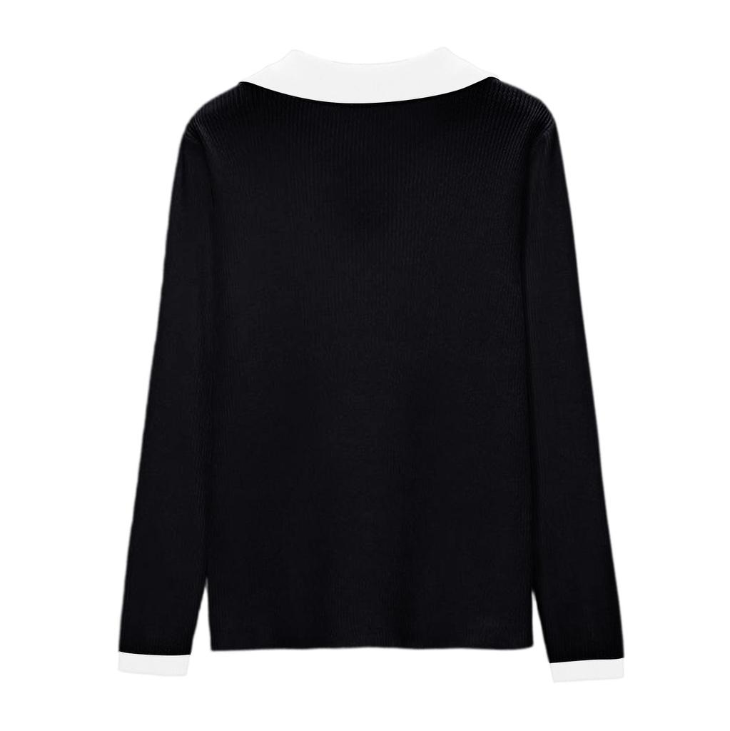 Women's Fashion Casual Colorblock Comfortable Lapel Long Sleeve Knitted All- Sweater Top
