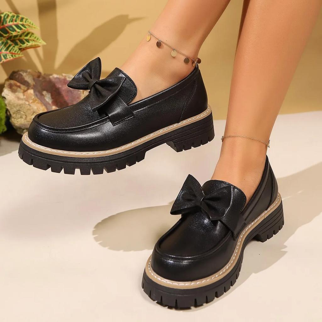 2025British Style Women's Flats Butterfly Knot Thick Bottom Slip-On Loafers Round Toe Casual Shoes Solid Color Loafers