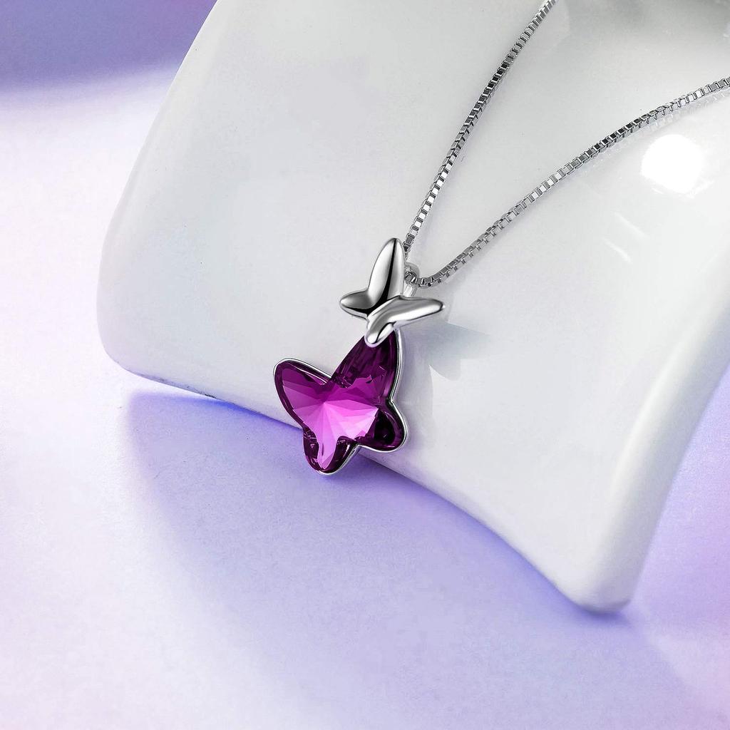AOBOCO Sterling Silver Chase Butterfly Pendant Necklace with Austrian Crystal Decoration - A Wonderful Anniversary or Birthday Butterfly Jewelry Gift