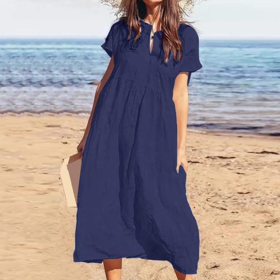 Damen Maxikleid aus Baumwolle und Leinen, lässig, kurzärmelig, V-Ausschnitt, Sommerkleid, lockeres, plissiertes langes Strandkleid für den Sommerurlaub