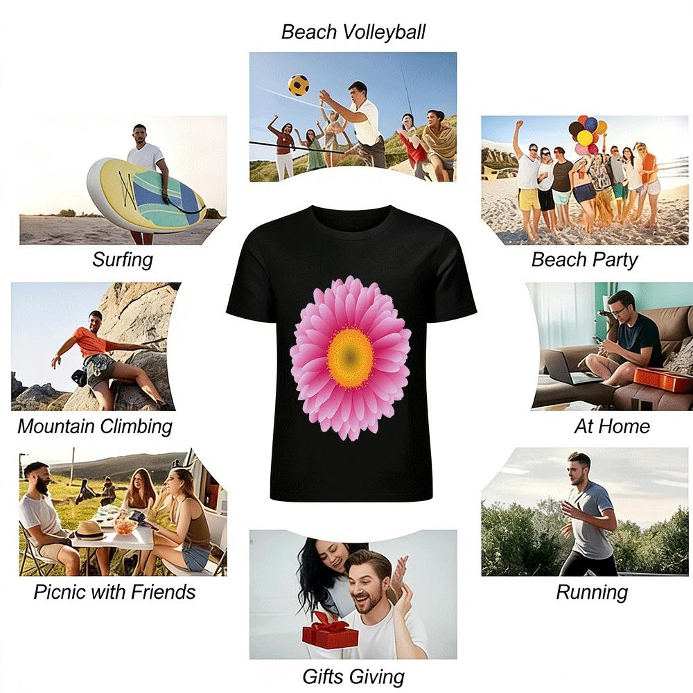 Women's Pink Gerbera Print Casual Loose Fit Daily Wear Top Pure Cotton T-shirt