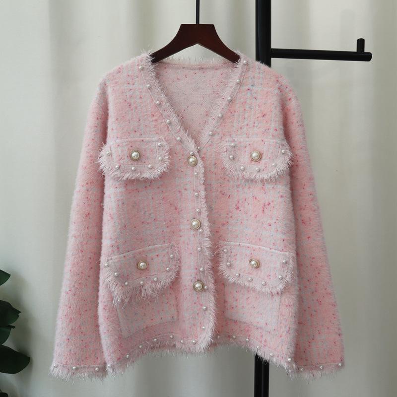 

Тяжелая промышленность гвоздь бусина имитация норки флисовый свитер куртка осень и зима новый высококачественный вязаный кардиган женский one size fits all розовый