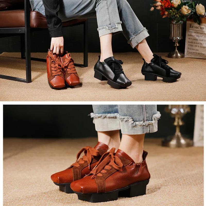 Johnature Women's Shoes Genuine Leather Square Toe Soft Cowhide Lace-up Versatile Mid Heel Pumps
