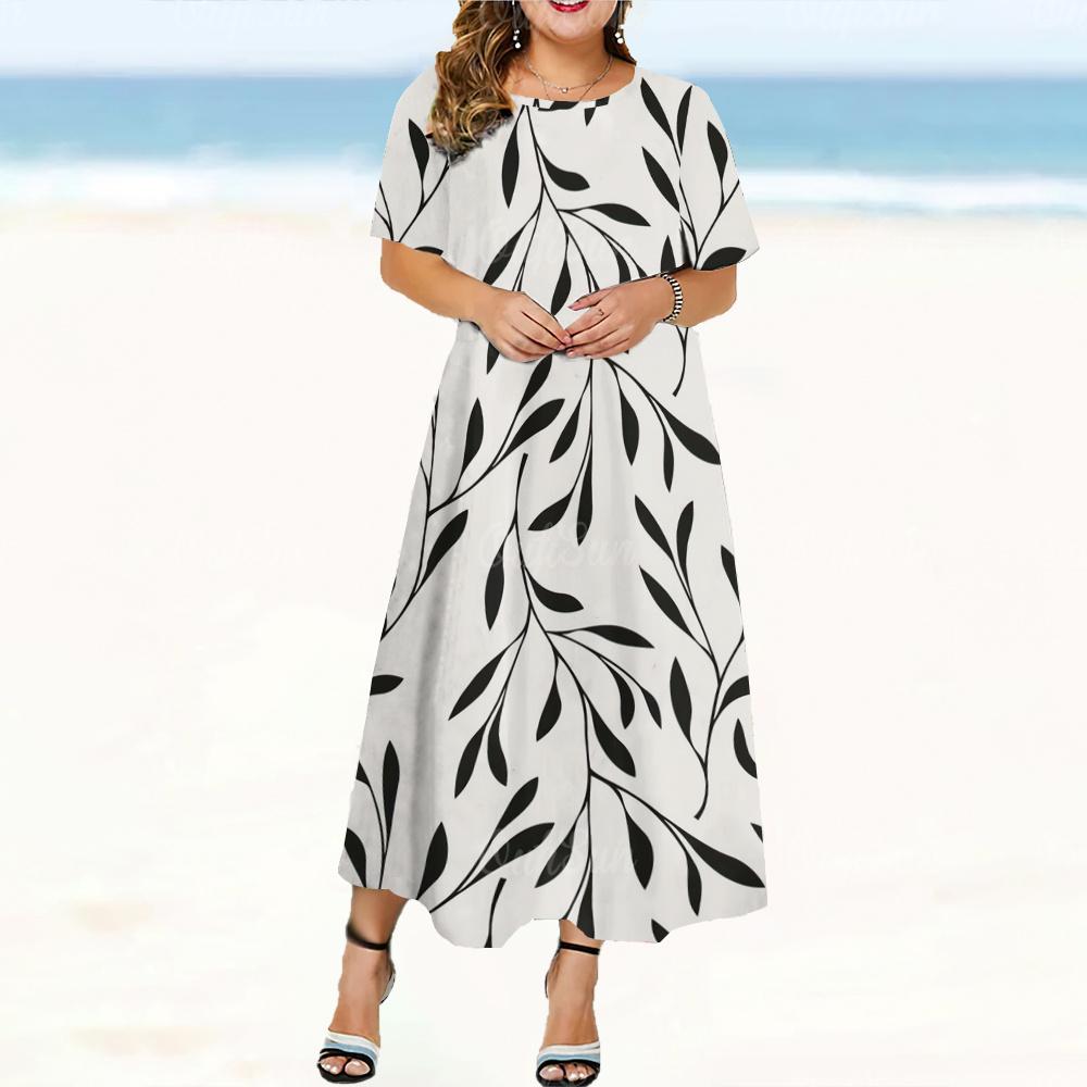 Letnia Elegancka Damska Sukienka z Okrągłym Dekoltem i Krótkim Rękawem z Drukiem Kwiatowym 3D Street Wear Codzienna Luźna Sukienka
