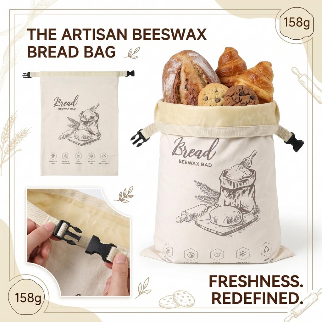 Reusable, Food Grade Beeswax Bread Bags With Closures And Zippers.