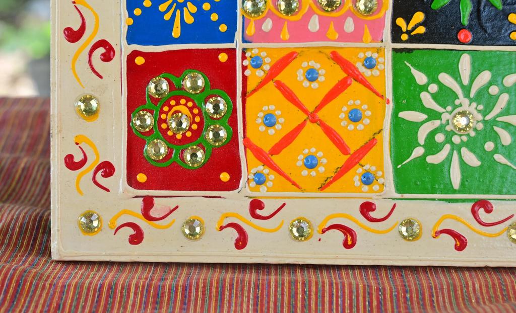 Hand Painted Indian Folk Art Panel with Mirror: Ethnic Wall Decor