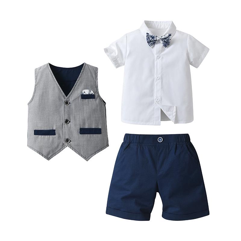 Completo Tre Pezzi Estivo da Ragazzo Stile Gentiluomo Britannico: Gilet, Pantaloncini e Maglietta