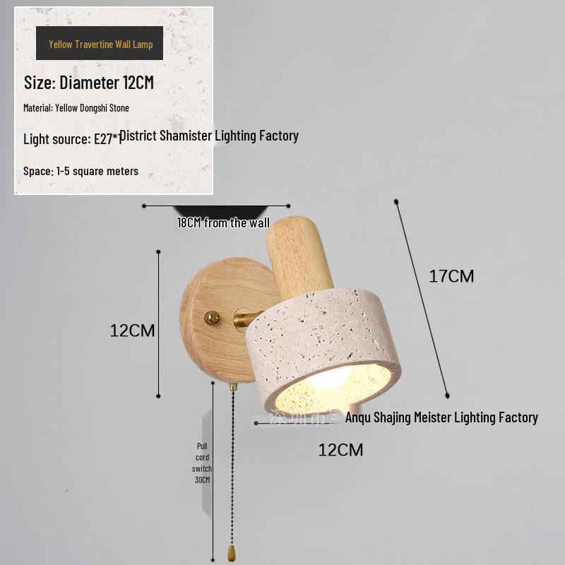 Retro Japanese Wabi-Sabi Yellow Stone Wall Lamp with Pull Cord Switch for Bedroom or Homestay