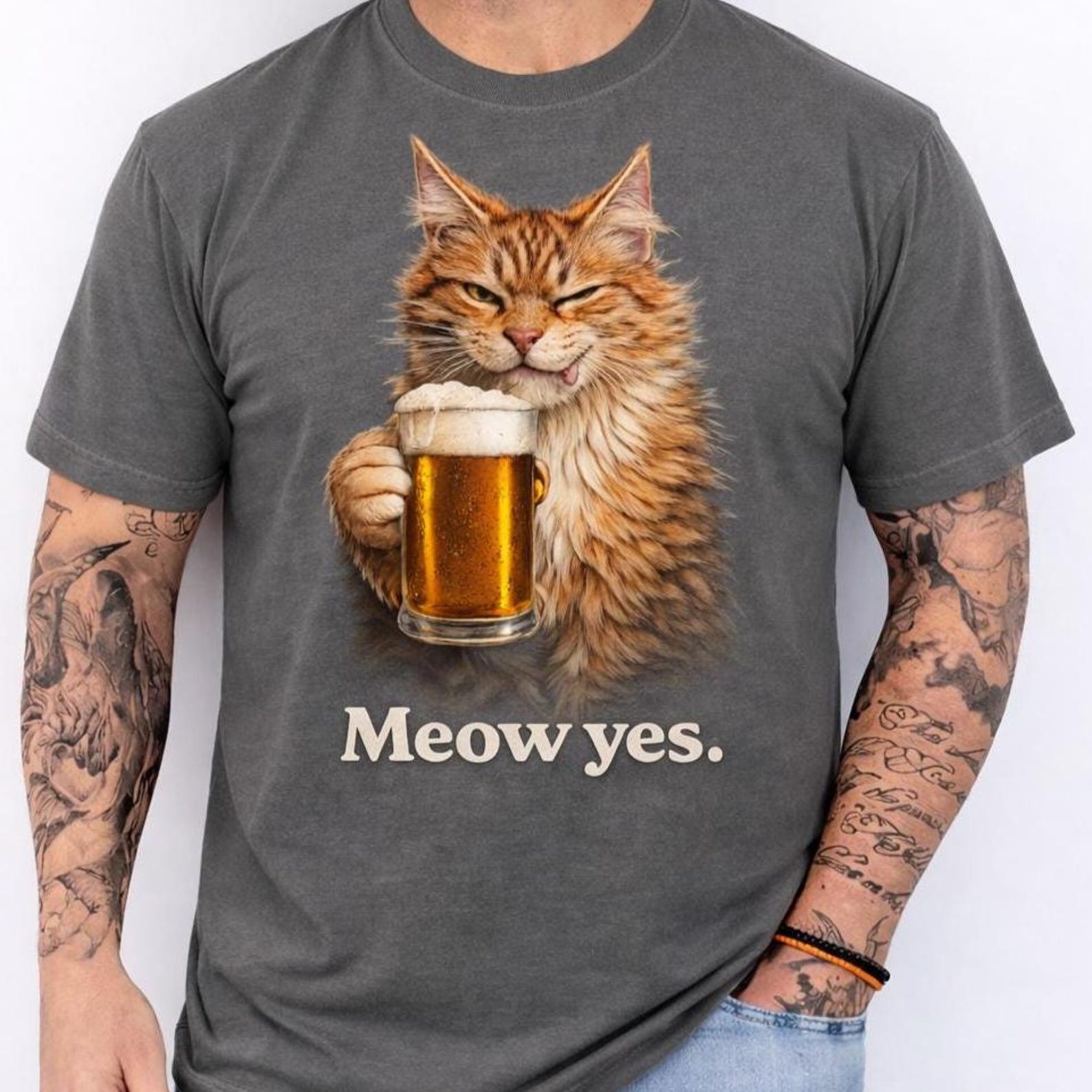 Funny Cat Beer Shirt, Meow Yes T-Shirt, Vintage Cat Beer Tee, Comfort Colors Cat Dad Shirt, Funny Cats Meme Shirt, Gift for her Shirt S