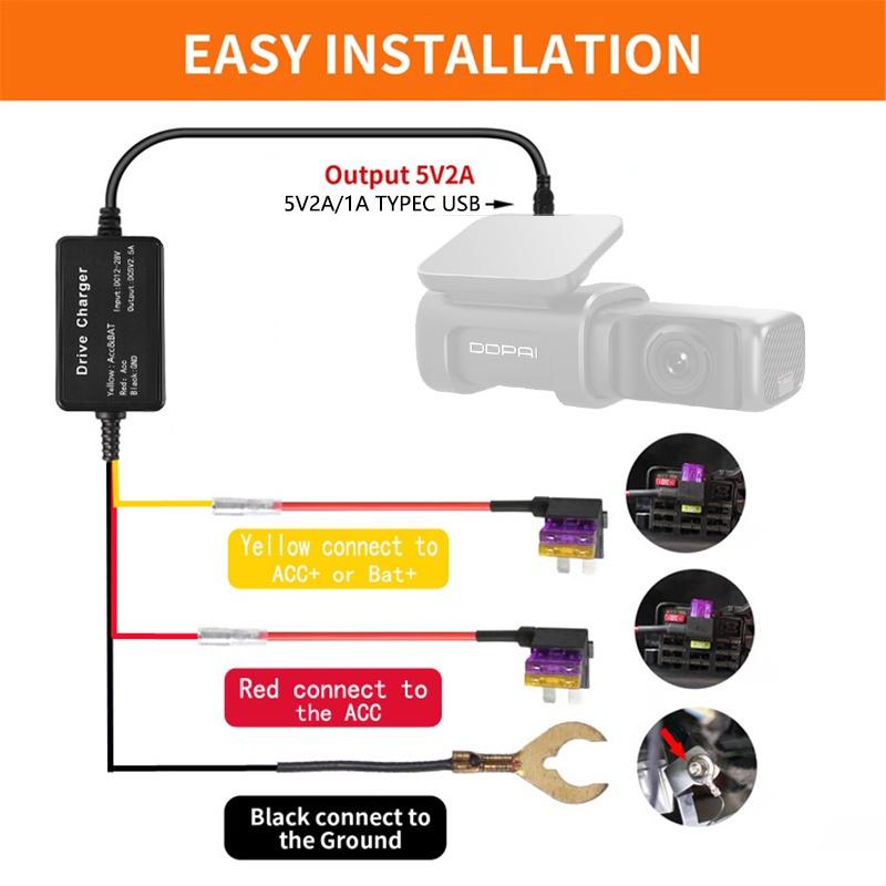 Type-C Buck Line 5V 3A DVR Hardwire Kit Car Dash Camera Charger 24H Parking Monitoring