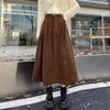 Korean Women's Brown Skirt Autumn Winter High-waisted Corduroy Long Skirt Ladies College Style Pleated A-line Skirts