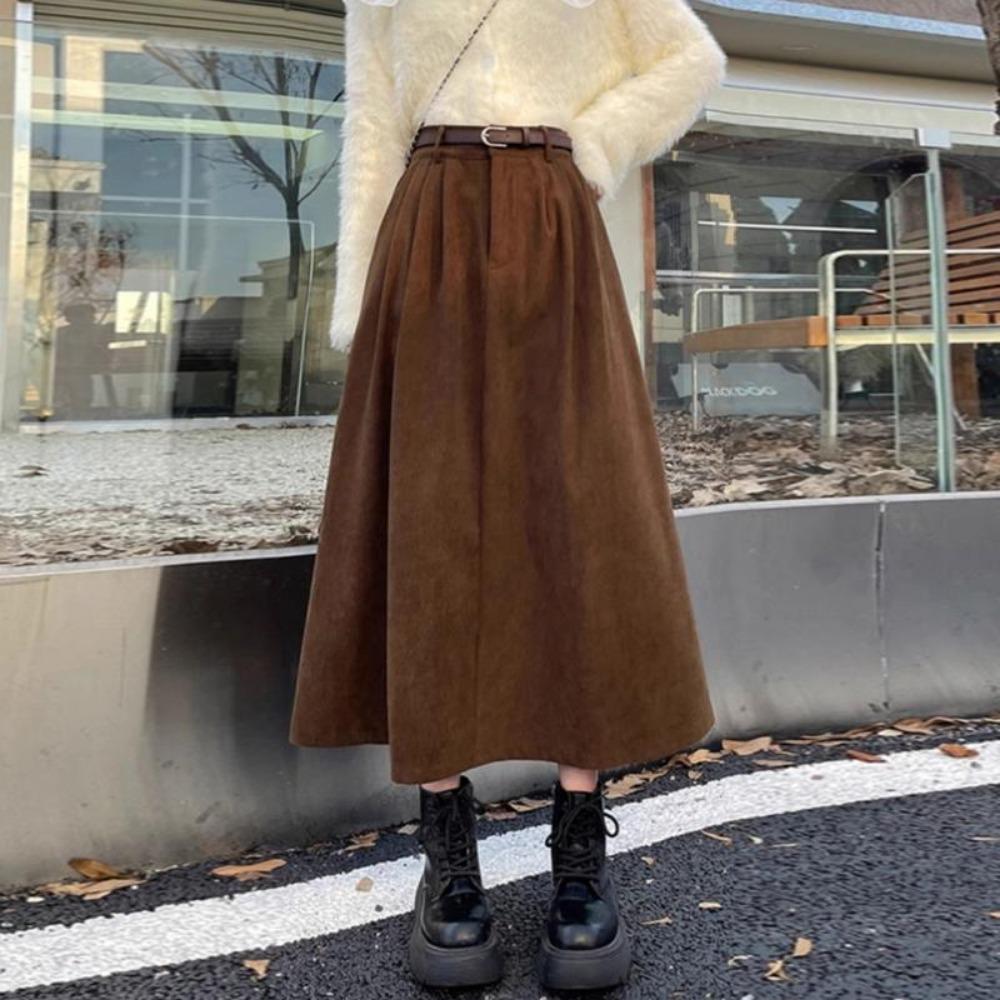 Korean Women's Brown Skirt Autumn Winter High-waisted Corduroy Long Skirt Ladies College Style Pleated A-line Skirts