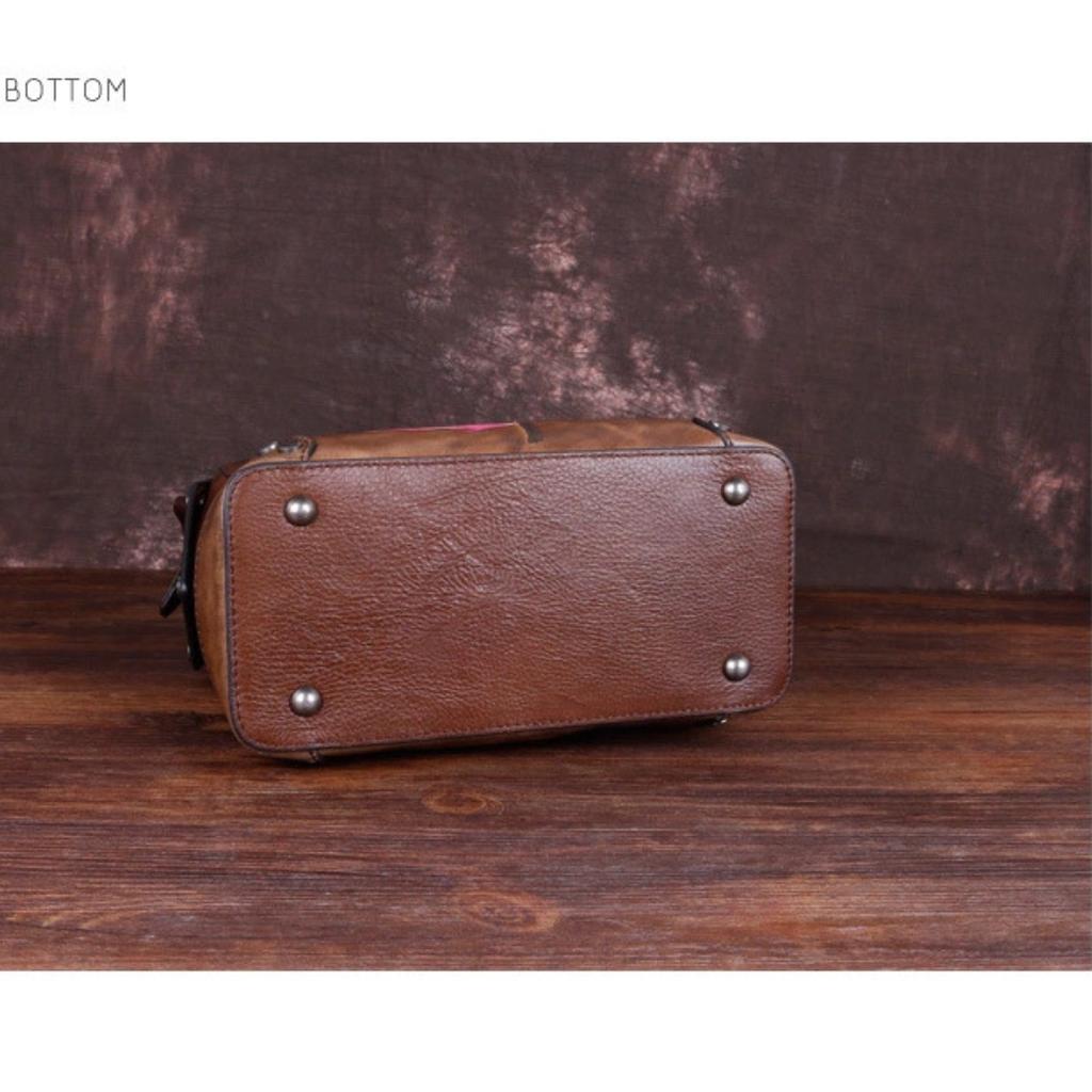 Vintage Leather Female Baotou Layer Cowhide Printed Handbag Texture Handmade Lotus Pillow Bag