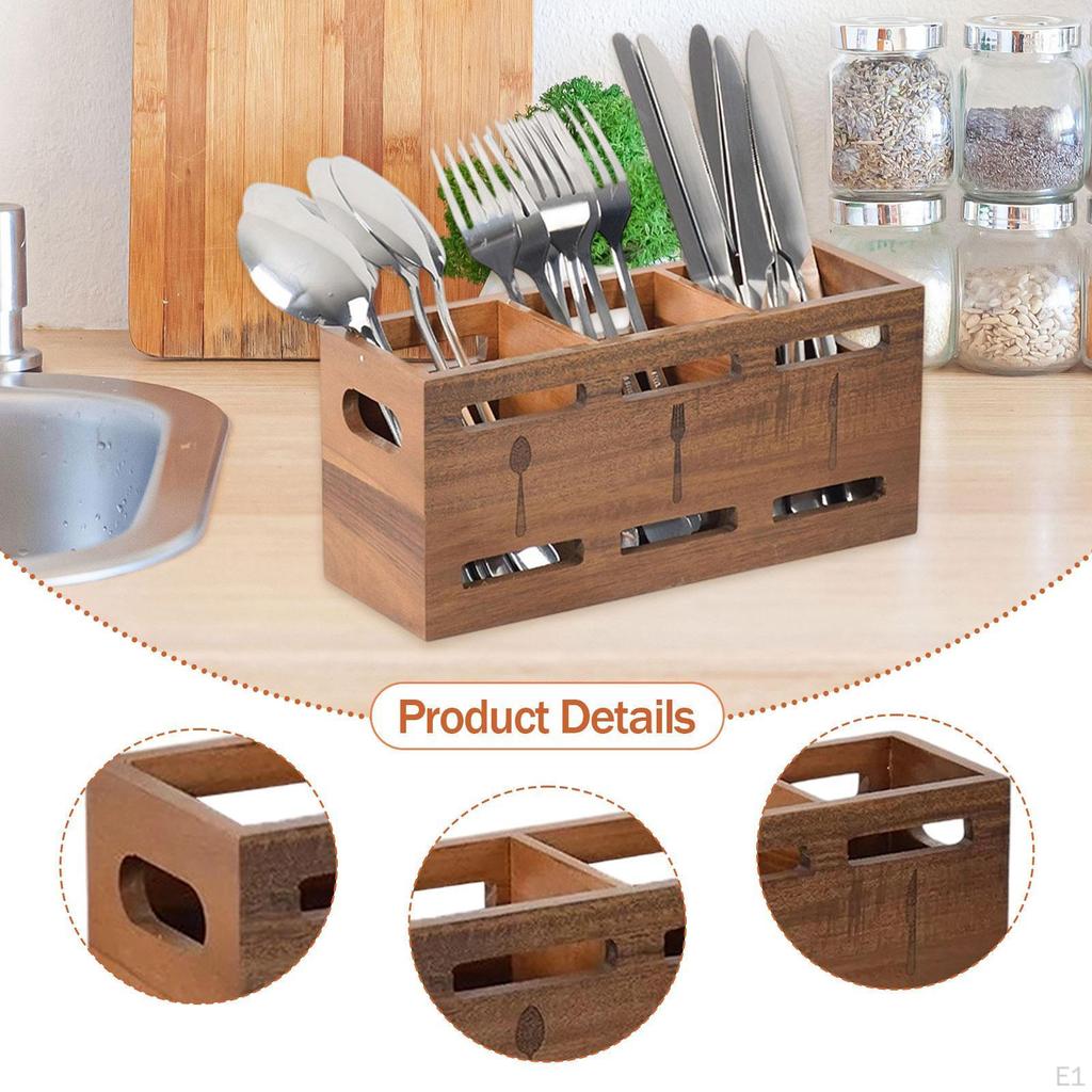 Organizator din lemn pentru tacâmuri, Suport pentru tacâmuri cu 3 compartimente, Recipient anti-alunecare pentru ustensile de bucătărie
