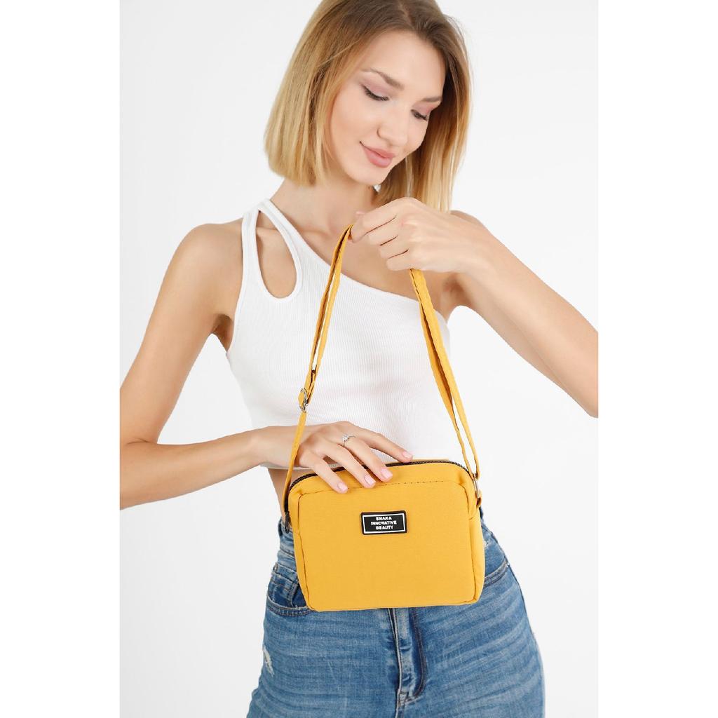 Black U35 Canvas Fabric Women's Shoulder Bag With Single Zipper Compartment And Adjustable Strap U:14 E:20