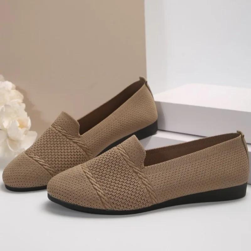 Fashion New Solid Color Knitted Womens Casual Shoes Soft Sole Anti-Slip Flat Women's Shoes Fashion Slip-On Womens Round Toe Loafers