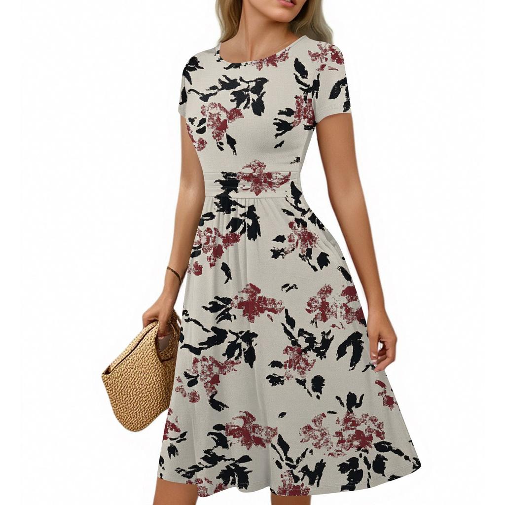 Damen Freizeitmode Rundhals Plissee Kurzarm Retro Floral A-Linie Midi Kleid