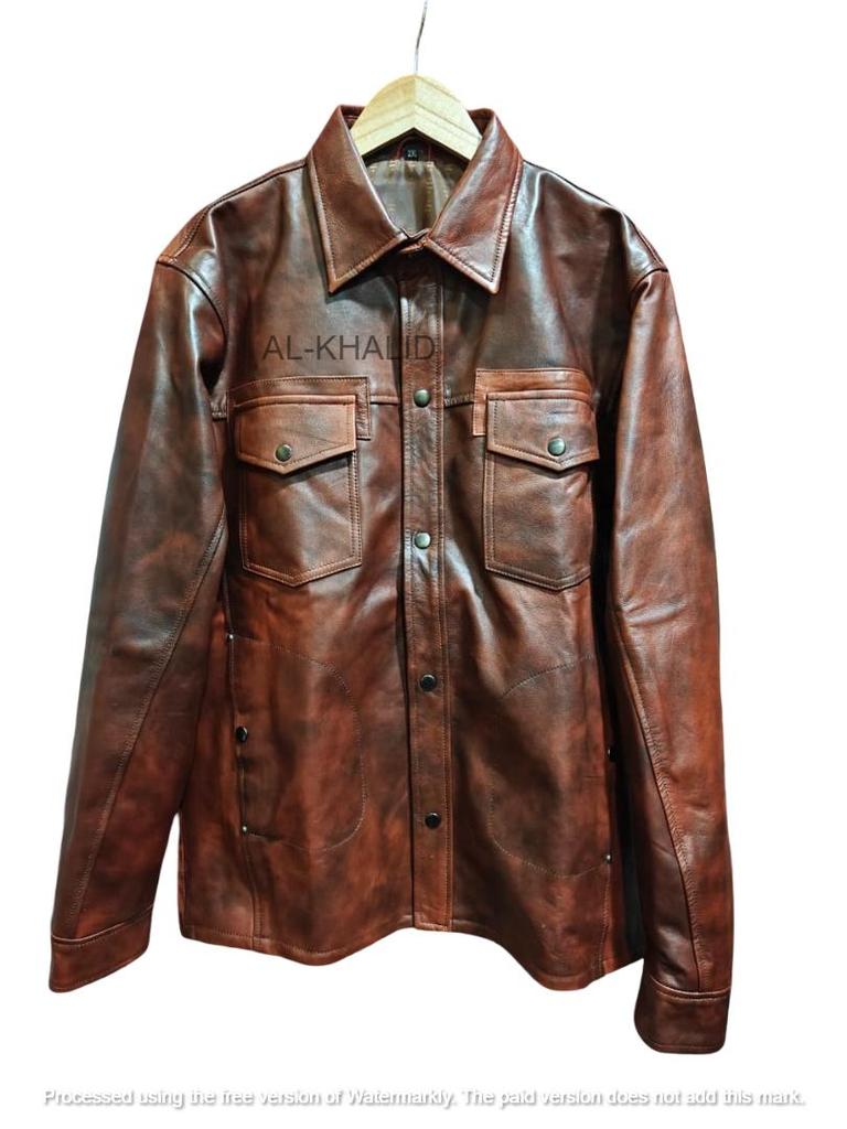 Handmade Stylish Casual Biker Motorcycle Real Lambskin Brown Men's Leather Shirt