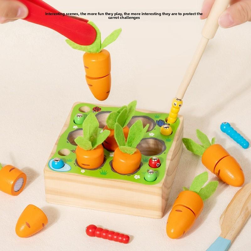 Pulling And Wooden Cutting Carrot Insect Catching Game Children Puzzle Toy
