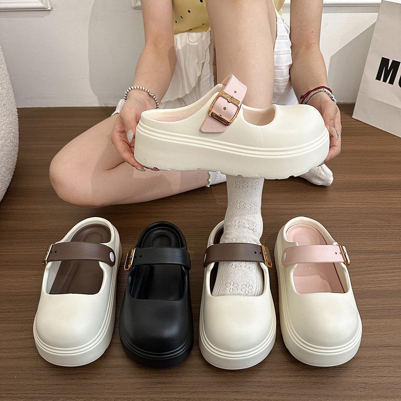 Women's Mary Jane hole shoes summer college simple versatile Birkencool slippers home wear solid color bag head slippers