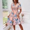 Floral Print A Line Dress for Women V Neck Short Sleeve Elastic Waist