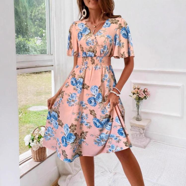 Floral Print A Line Dress for Women V Neck Short Sleeve Elastic Waist