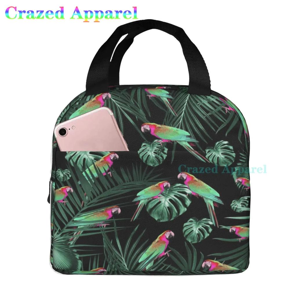 Painted Parrots Birds Plam Tree Oxford Cloth Lunch Bag Tote Lunch Box Reusable Cooler Organizer Bag For Unisex Fishing Picnic