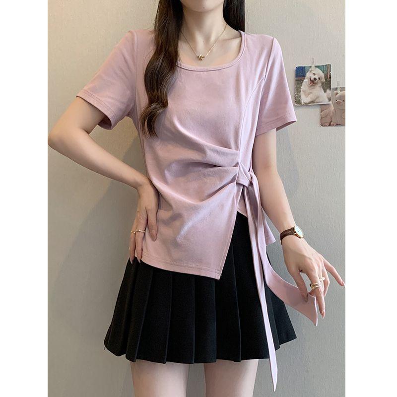 Irregular summer bottoming shirt large size women's short drawstring T-shirt short sleeve T-shirt round neck niche v-neck strap French