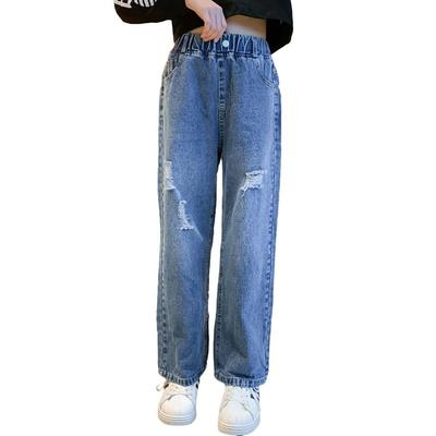 Rolanko Kids' Jeans, Girls' Wide-Leg Denim Pants, Distressed, Perfect for School, Everyday Wear