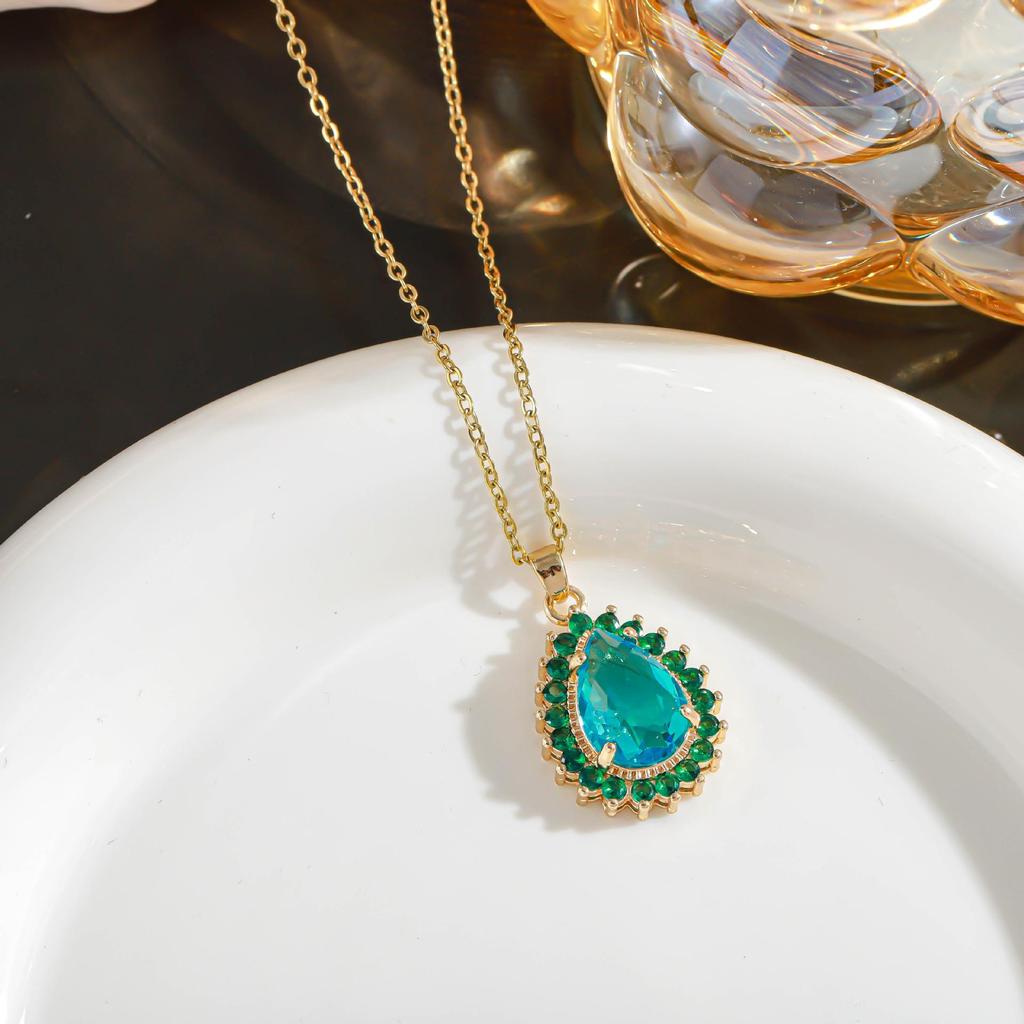 Colorful Crystal Water Drop Necklace with Zircon Inlay and 18K Gold-Plated Clavicle Chain