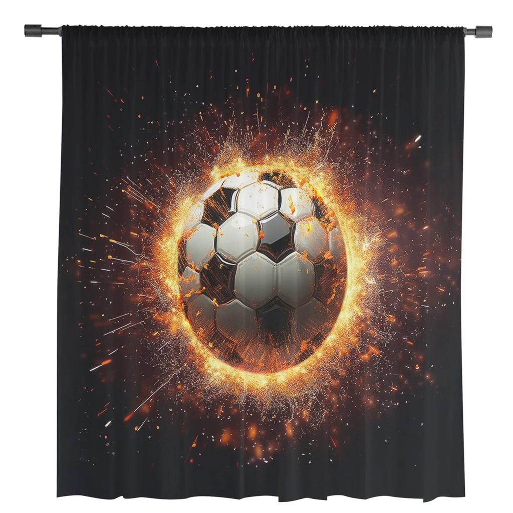 Fußball-Flammen-Farbverlaufs-Tüllvorhänge für Wohnzimmer, transparenter Vorhang für Schlafzimmer, Jalousien, Voile-Vorhänge