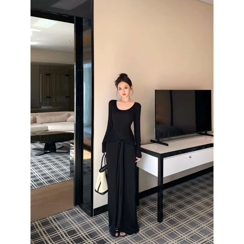 Kumikumi Pure Desire Style Sexy Temperament Lace-up Solid Long sleeve dress Women Autumn Waist Hugging Slimming A- line Skirt