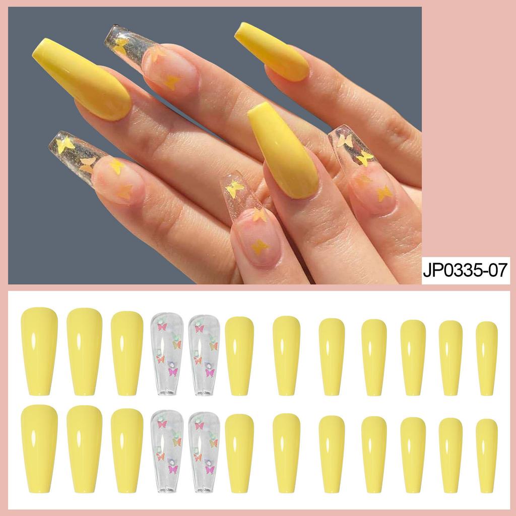 European And American Style Long Ballet Yellow Butterfly Coffin Nail, Trapezoidal Nail Art Piece, Fake Nail Patch Finished Product, Boxed