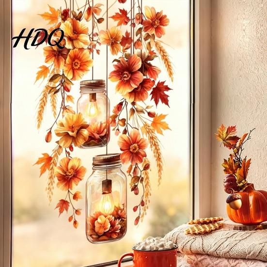 Reusable Window Stickers Fall Thanksgiving Static Clings Autumn Pumpkin Maple Leaf Floral Glass Decals Decals Removable Harvest Season for Home Shop